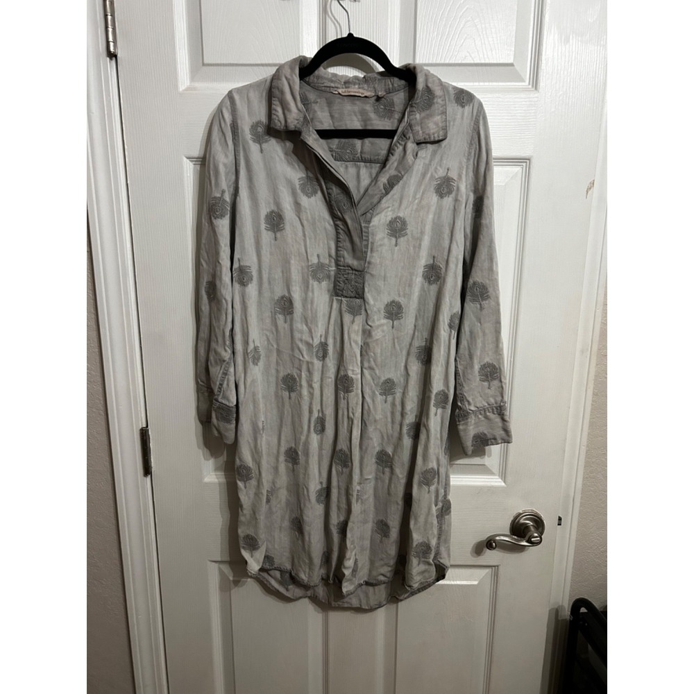Soft Surroundings M Paisley Park Tunic Dress Chambray Feather Embroidered Gray‎